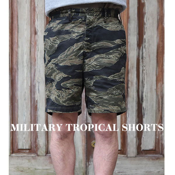 MILITARY TROPICAL SHORTS / 1960s - STYLE WORK CLOTHING / MILITARY BACK SATIN / TIGER CAMO