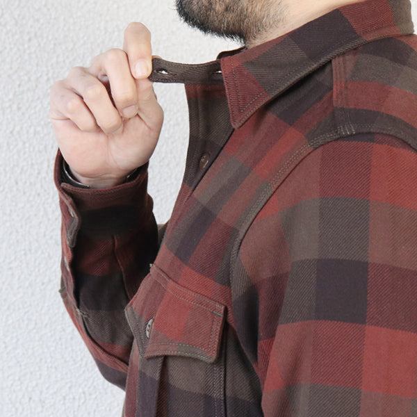 BALDYGUS MECHANIC SHIRT / ORIGINAL COTTON FLANNEL CHECK WITH A RAISED BACK / RED BROWN × DARK BROWN × DARK KHAKI OLIVE