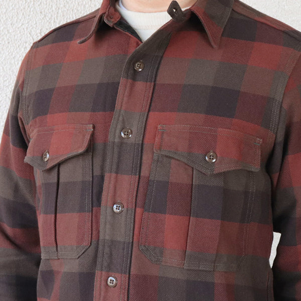 BALDYGUS MECHANIC SHIRT / ORIGINAL COTTON FLANNEL CHECK WITH A RAISED BACK / RED BROWN × DARK BROWN × DARK KHAKI OLIVE