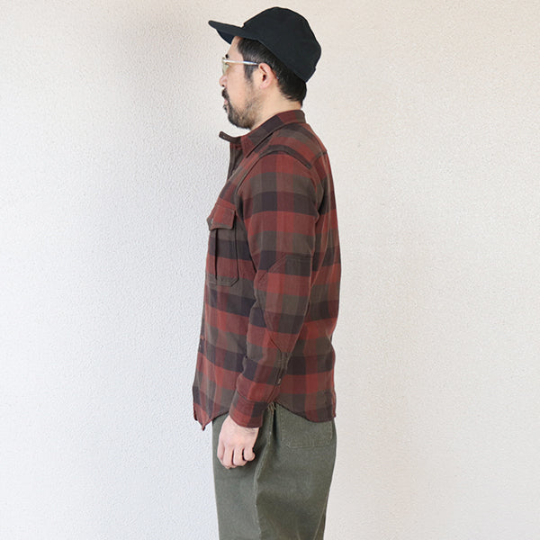 BALDYGUS MECHANIC SHIRT / ORIGINAL COTTON FLANNEL CHECK WITH A RAISED BACK / RED BROWN × DARK BROWN × DARK KHAKI OLIVE