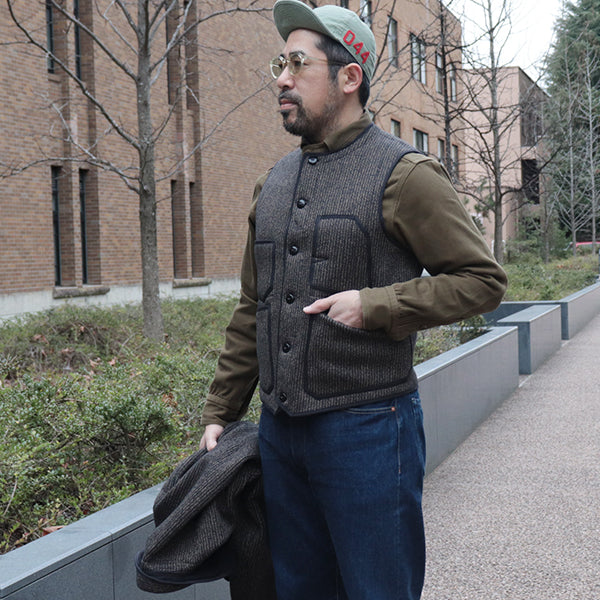 LONGSHOREMAN WINTER WORKER VEST / HIGH GAUGE MEDIUM WEIGHT BEACH CLOTH / GRAINED BLACK STRIPE × BLACK