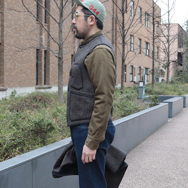 LONGSHOREMAN WINTER WORKER VEST / HIGH GAUGE MEDIUM WEIGHT BEACH CLOTH / GRAINED BLACK STRIPE × BLACK