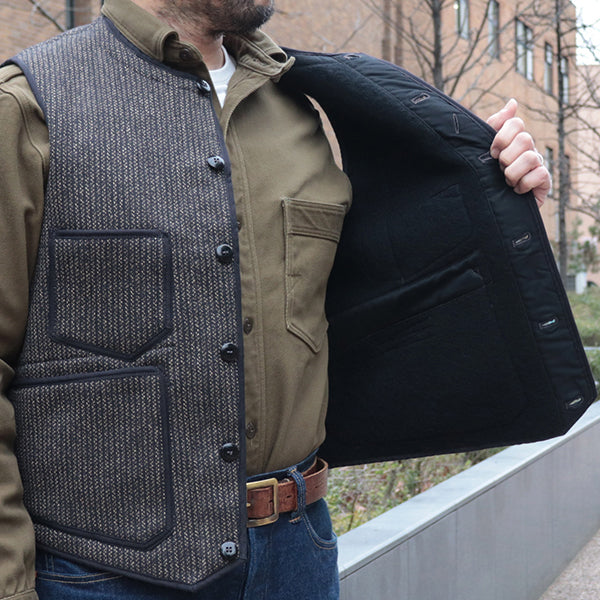 LONGSHOREMAN WINTER WORKER VEST / HIGH GAUGE MEDIUM WEIGHT BEACH CLOTH / GRAINED BLACK STRIPE × BLACK