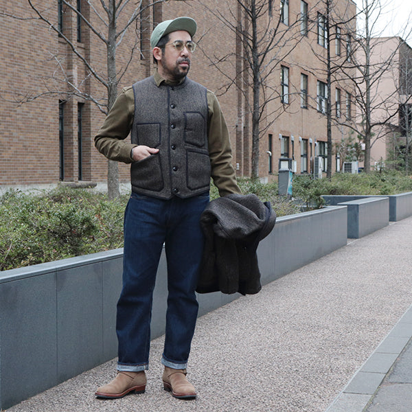 LONGSHOREMAN WINTER WORKER VEST / HIGH GAUGE MEDIUM WEIGHT BEACH CLOTH / GRAINED BLACK STRIPE × BLACK