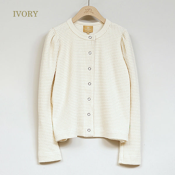 GATHER SLEEVE HEAVY WAFFLE CARDIGAN