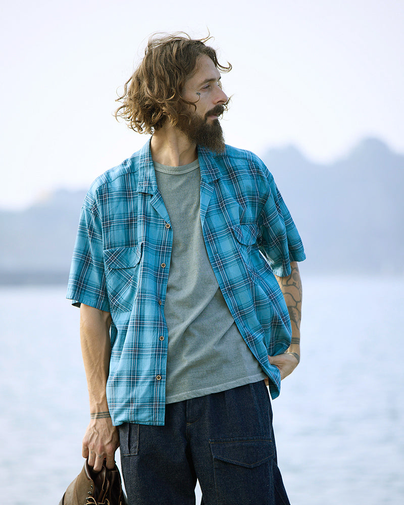 OPEN COLLAR SHIRT RAYON CHECK / BLUE
