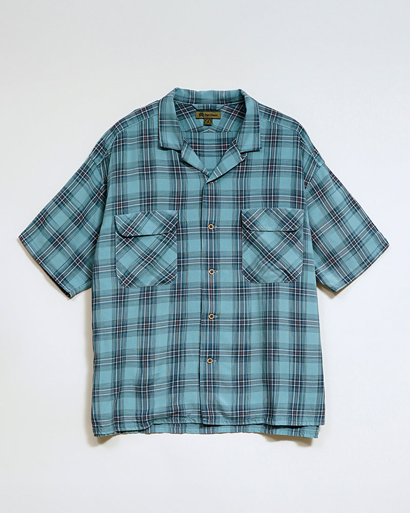 OPEN COLLAR SHIRT RAYON CHECK / BLUE