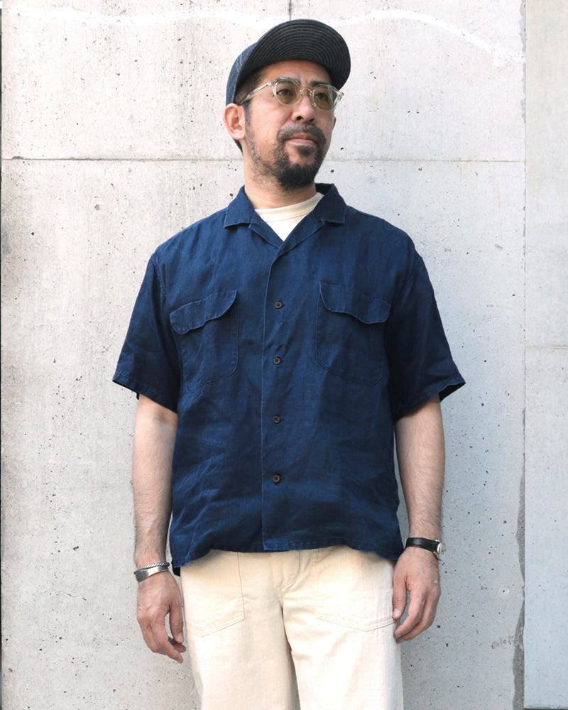 OPEN COLLAR SHIRT LINEN / INDIGO