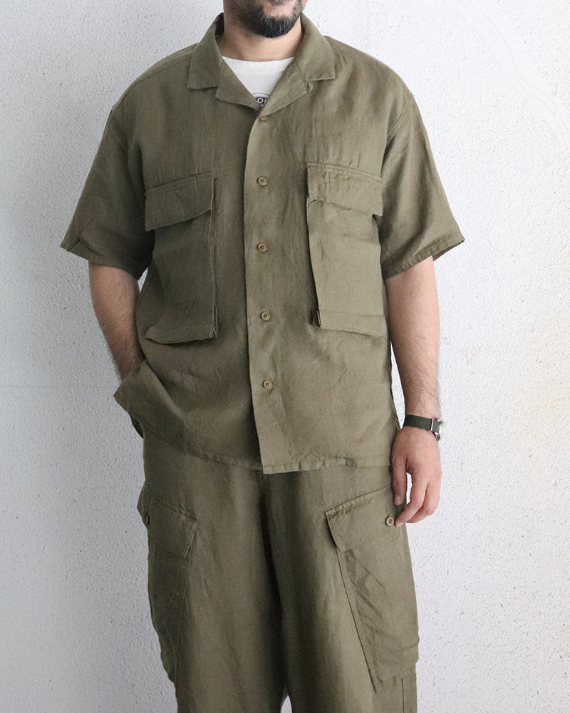 ARMY SHIRT SHORT SLEEVE / LINEN HERRINGBONE / GREEN