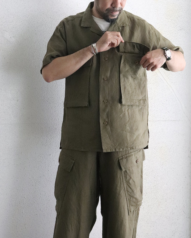 ARMY SHIRT SHORT SLEEVE / LINEN HERRINGBONE / GREEN