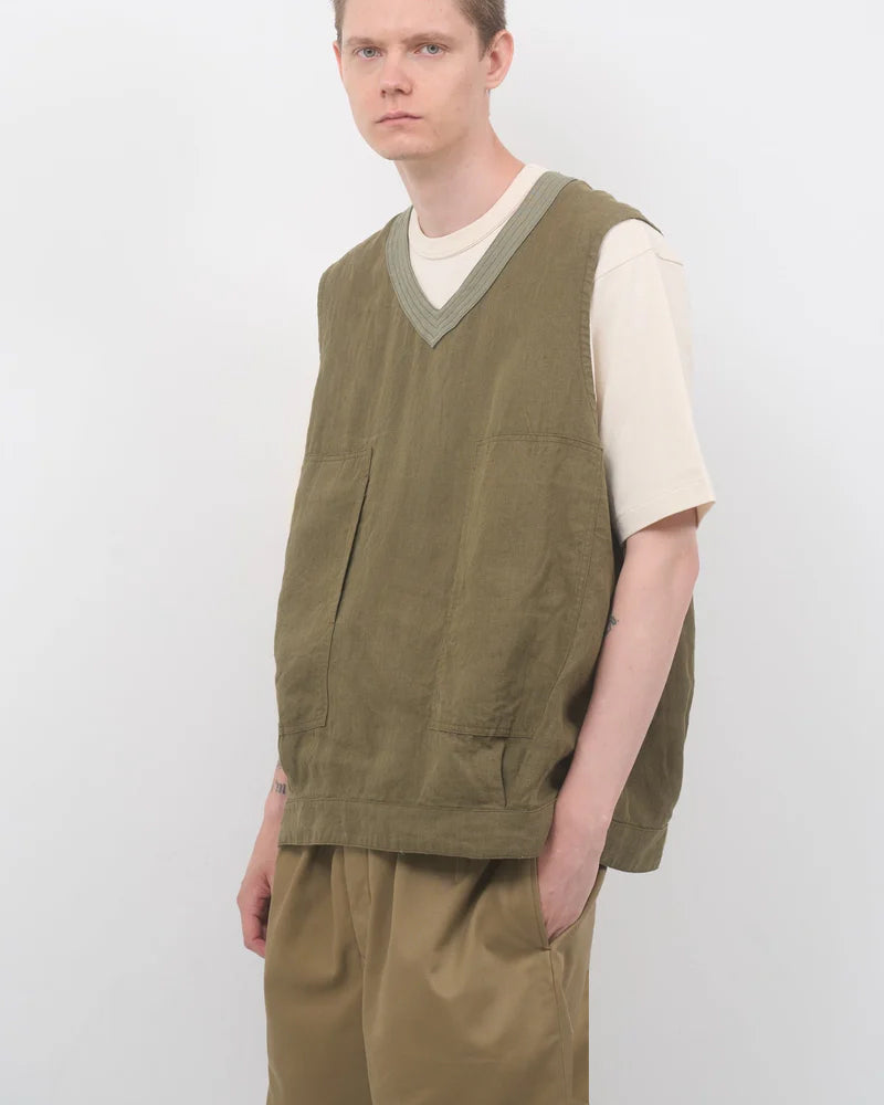 PULLOVER ARMY VEST / LINEN HERRINGBONE / GREEN
