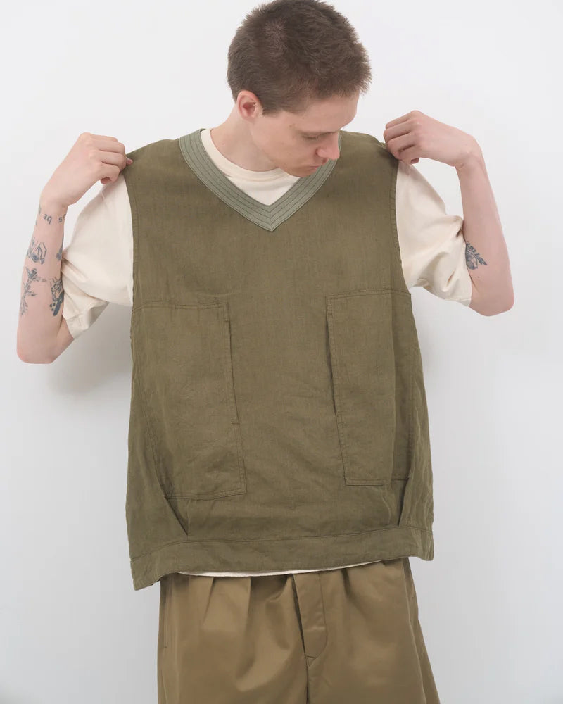 PULLOVER ARMY VEST / LINEN HERRINGBONE / GREEN