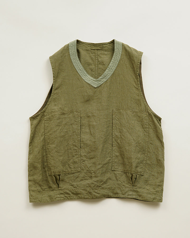 PRE-ORDER / PULLOVER ARMY VEST LINEN HERRINGBONE / GREEN