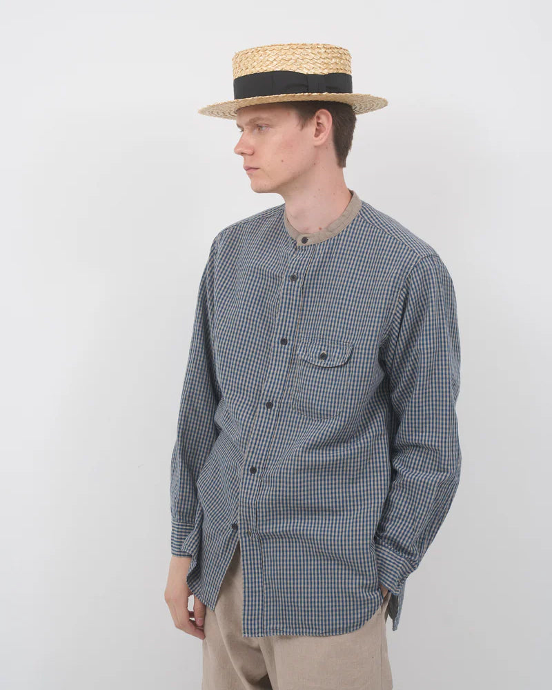 OX'ED SILVER / FARMER STAND SHIRT COTTON LINEN / GINGHAM CHECK / BLUE