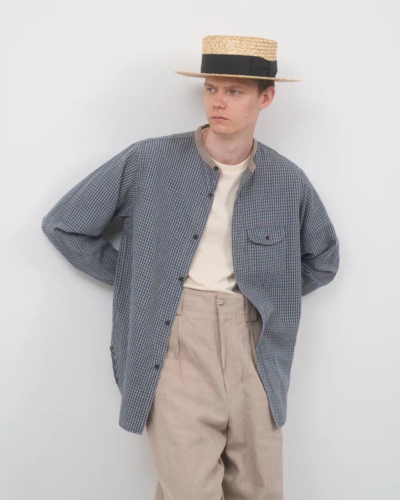 OX'ED SILVER / FARMER STAND SHIRT COTTON LINEN / GINGHAM CHECK / BLUE