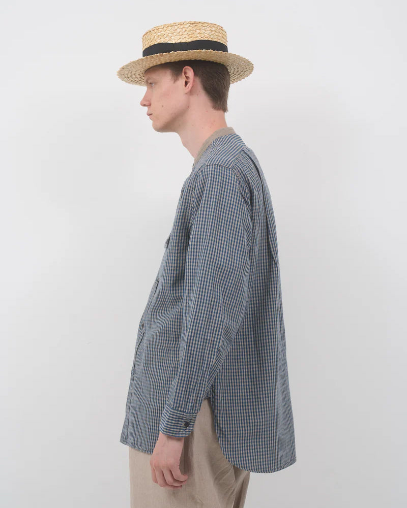 OX'ED SILVER / FARMER STAND SHIRT COTTON LINEN / GINGHAM CHECK / BLUE