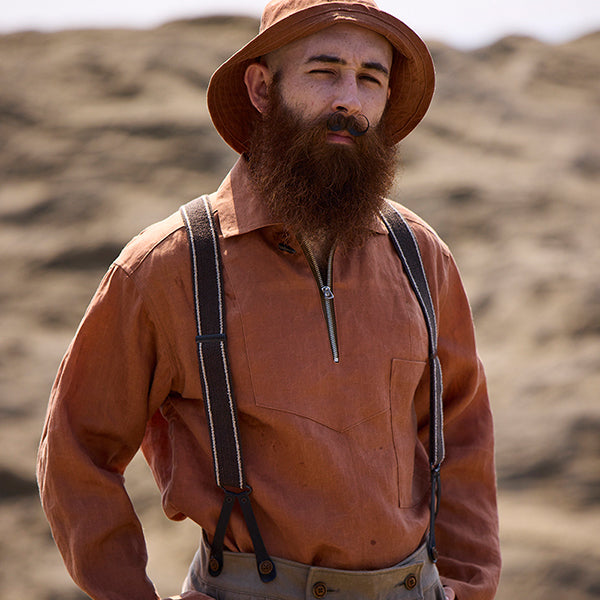 OX'ED SILVER / FISHERMAN ZIP UP SHIRT KAKISHIBU LINEN / BROWN