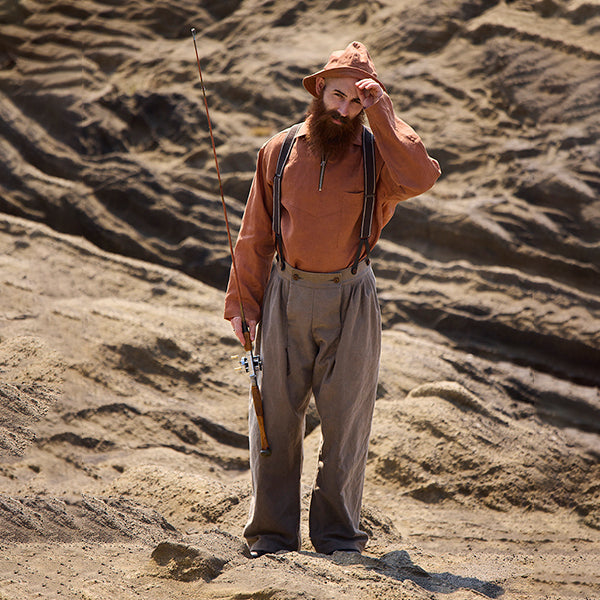 OX'ED SILVER / FISHERMAN ZIP UP SHIRT KAKISHIBU LINEN / BROWN