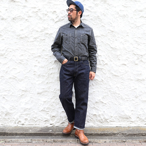 CHAMBRAY WORK SHIRT / 1940s STYLE WORK SHIRT / BLACK