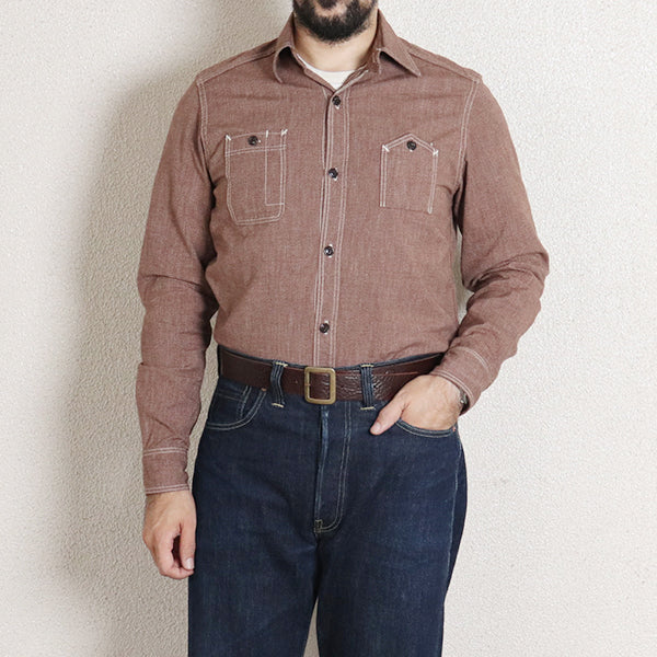 CHAMBRAY WORK SHIRT / 1940s STYLE WORK SHIRT / BROWN