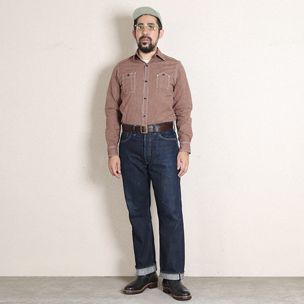 CHAMBRAY WORK SHIRT / 1940s STYLE WORK SHIRT / BROWN