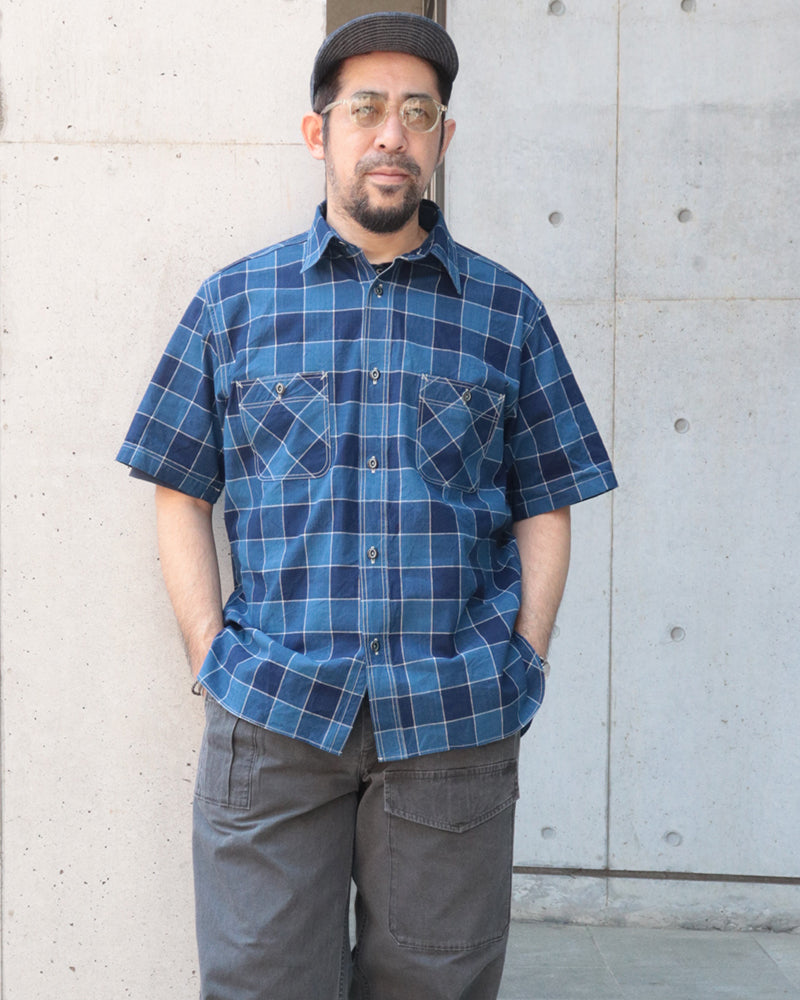 5oz INDIGO CHECK S/S WORK SHIRT / FICTION ROMANCE