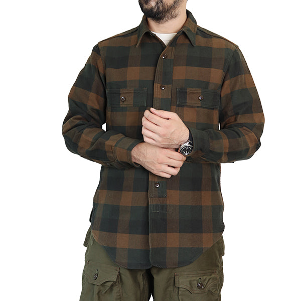 JENKINS WORK SHIRT / 1930s STYLE WORK CLOTHING / ORIGINAL COTTON FLANNEL CHECK WITH A RAISED BACK / KHAKI × GREEN × OLIVE